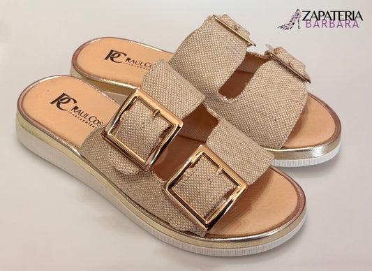 SANDALIA DOBLE HEBILLA 0101 RAUL COSS YUTE ORO INTERIOR PIEL