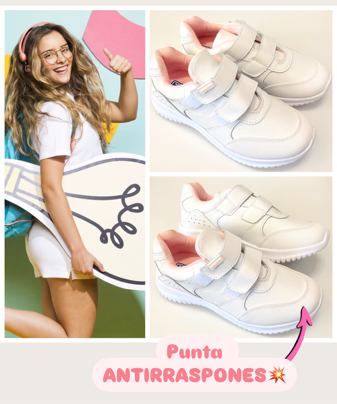TENIS NIÑA COQUETA 134206 PUNTA ANTIRRASPONES BLANCO ROSA